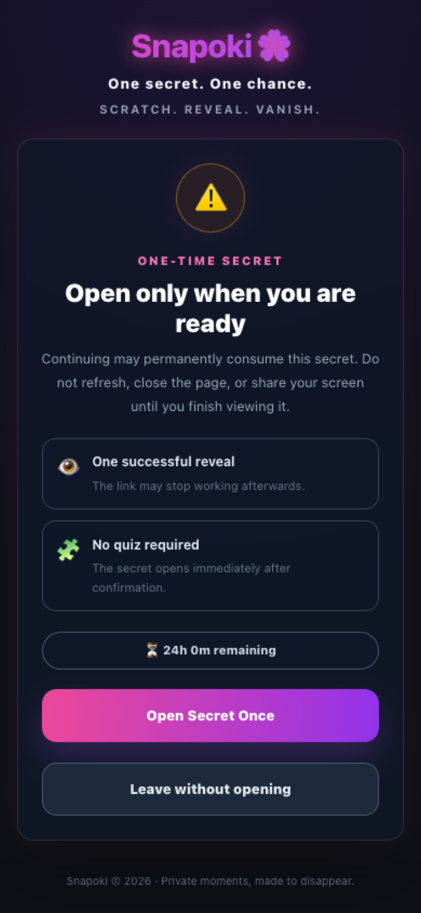 Open a one-time Snapoki secret